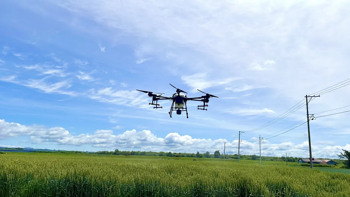 青空の田んぼの上を飛行する農業用ドローン