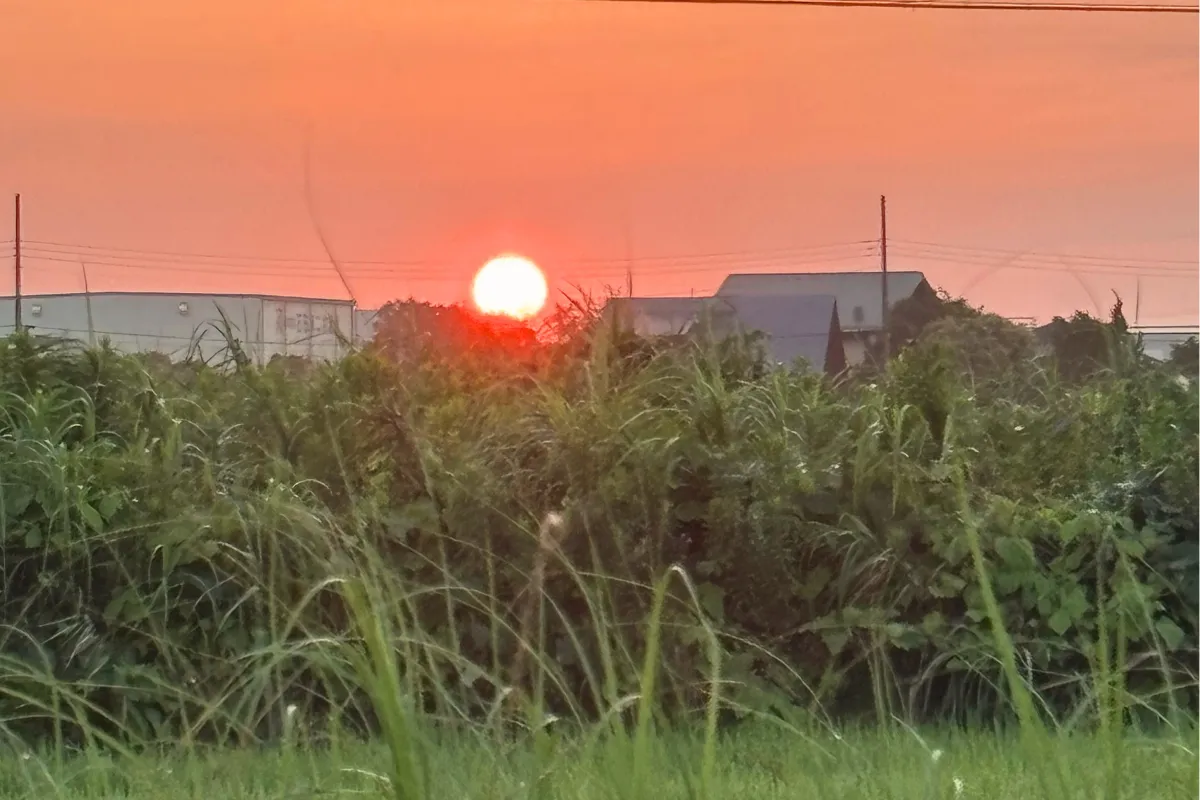 散布作業を終えた夕暮れの田園風景